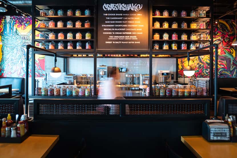 The milkshake bar inside Black Tap Craft Burgers & Beer in Dallas shows off the colorful...