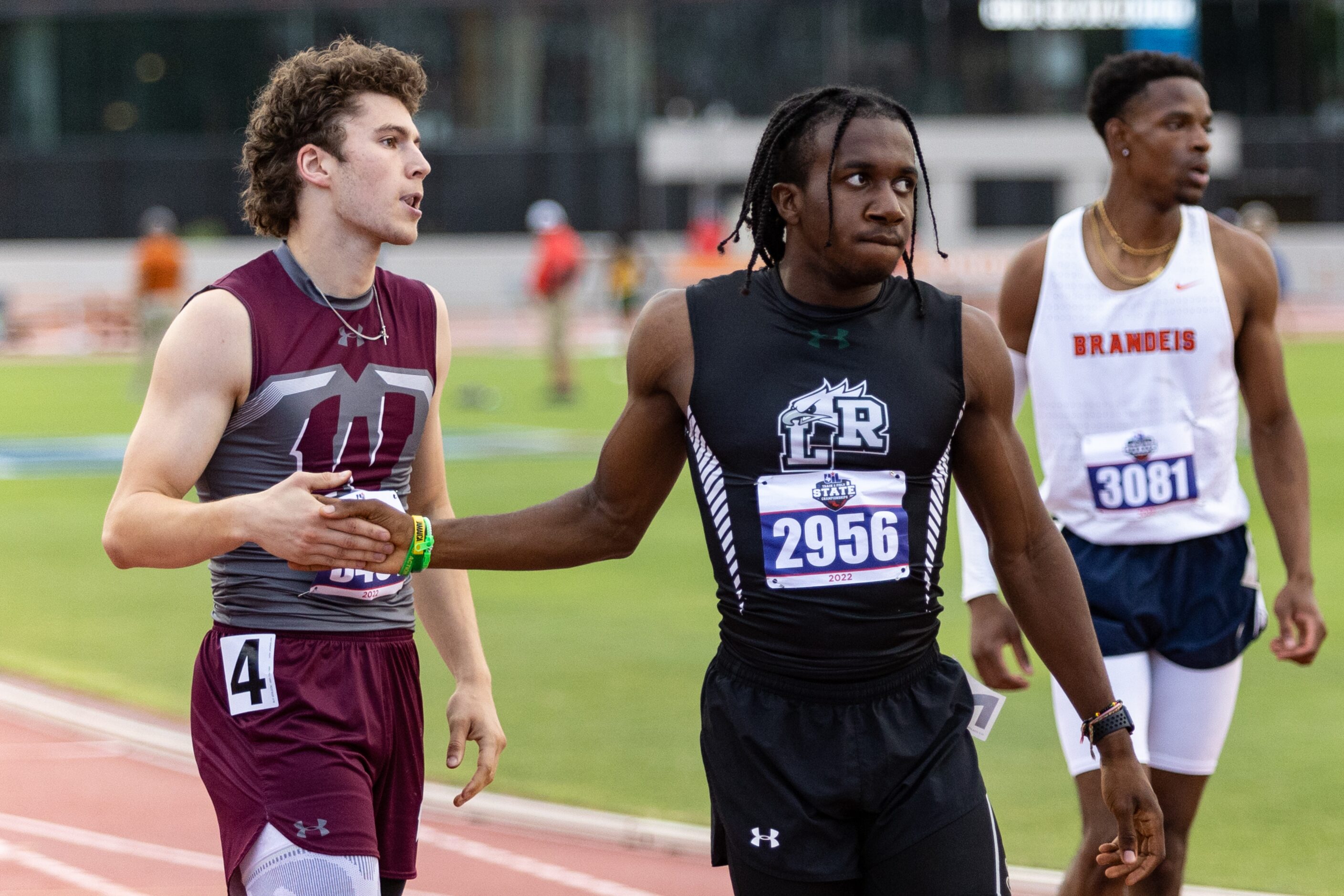 Lucas Popelka of Wylie, left, and Dominic Byles of Mansfield Lake Ridge congratulate each...