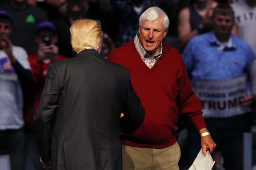 Republican presidential candidate Donald Trump was greeted by former Indiana University and...
