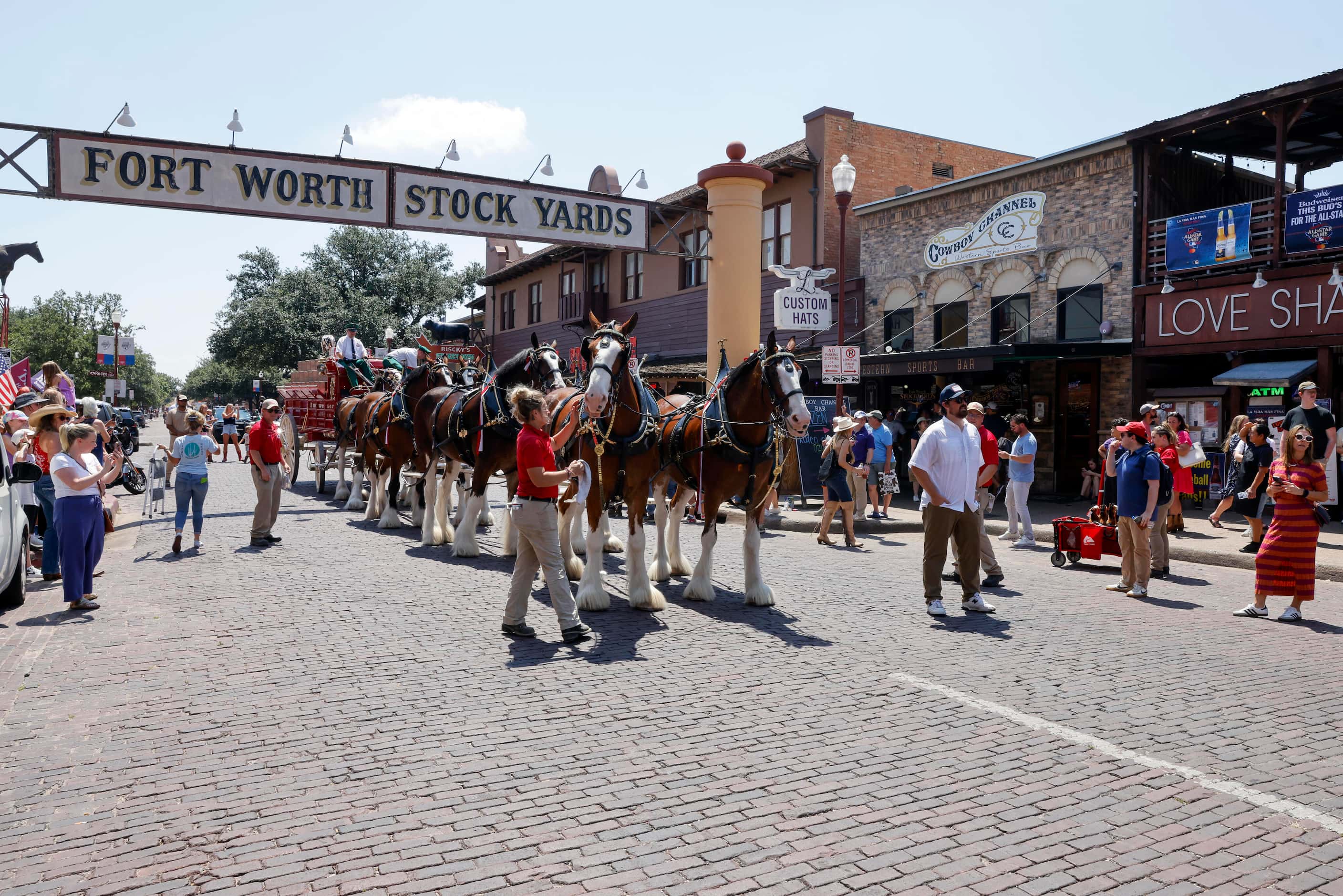 People gather along East Exchange in The Stockyards to see the Budweiser Clydesdales,...