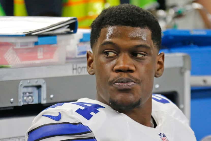 Dallas Cowboys defensive end Randy Gregory (94) is pictured on the bench during the Detroit...