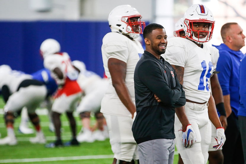 Ra'Shaad Samples helps conduct SMU practice on Wednesday, Nov. 13. (Ryan Michalesko/The...