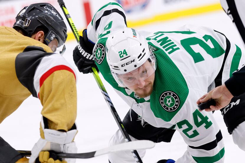 Dallas Stars center Roope Hintz (24) eyes the puck for a face-off against the Vegas Golden...