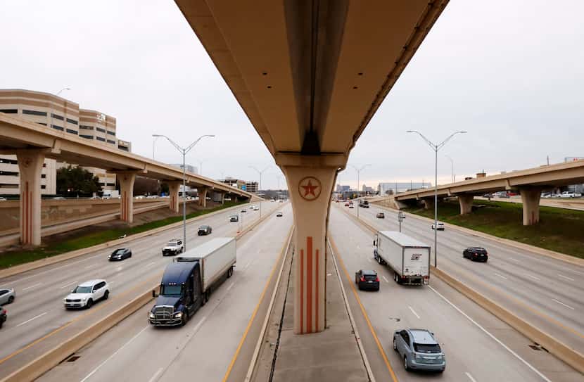 The LBJ TEXpress Lanes (center) run alongside I-635 near Coit Rd in Dallas’ High Five...