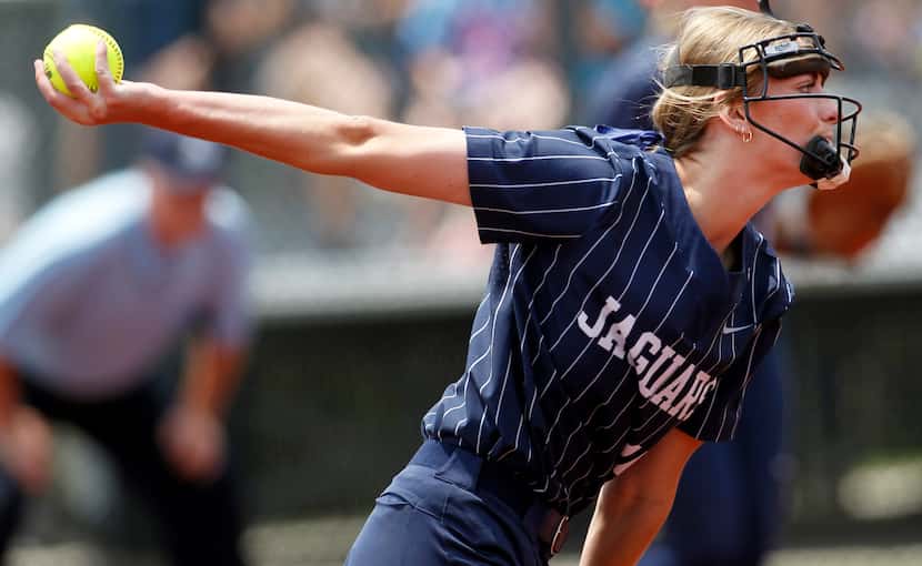 Flower Mound pitcher Landry Harris (15) delivers a pitch to a Keller batter during the top...