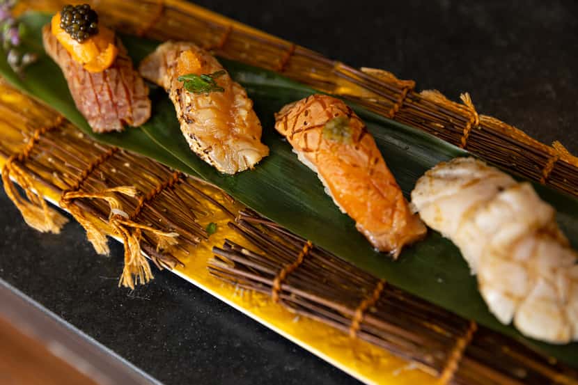 Aburi sushi, which is topped with lightly seared fish, is a possible chef’s choice item at...