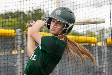 Mansfield Lake Ridge center fielder Tia Warsop takes batting practice at Lake Ridge High...