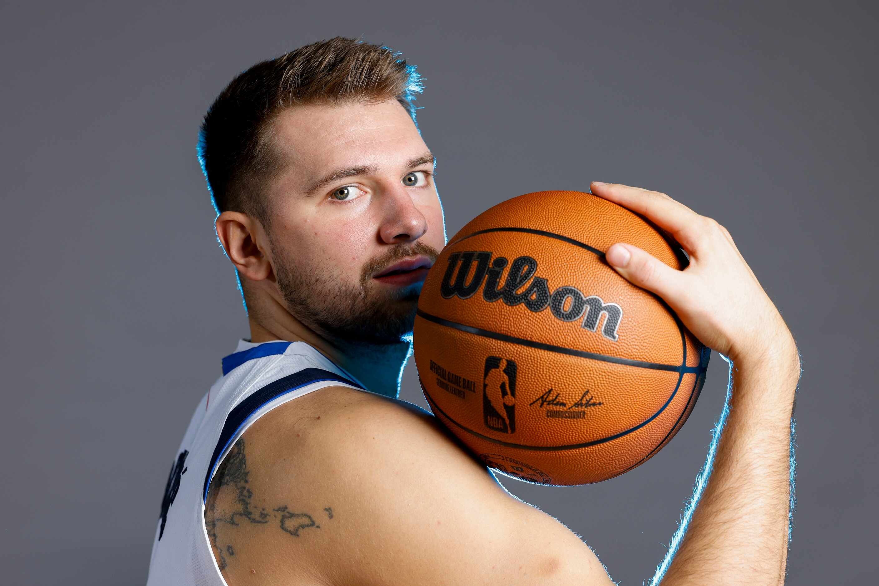 Dallas Mavericks point guard Luka Doncic poses for a photo during the media day on Friday,...