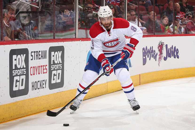 GLENDALE, AZ - FEBRUARY 09:  Greg Pateryn #8 of the Montreal Canadiens in action during the...
