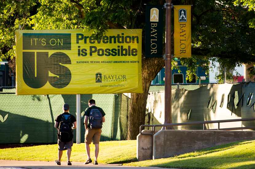 A Sexual Assault Awareness Month campaign sign on the Baylor University campus in May 2016....