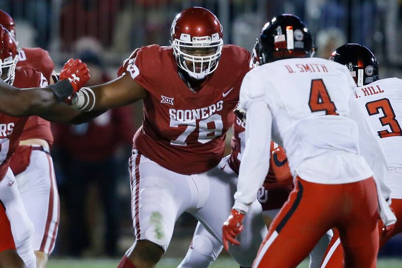 FILE - In this Oct. 28, 2017, file photo, Oklahoma offensive lineman Orlando Brown (78)...