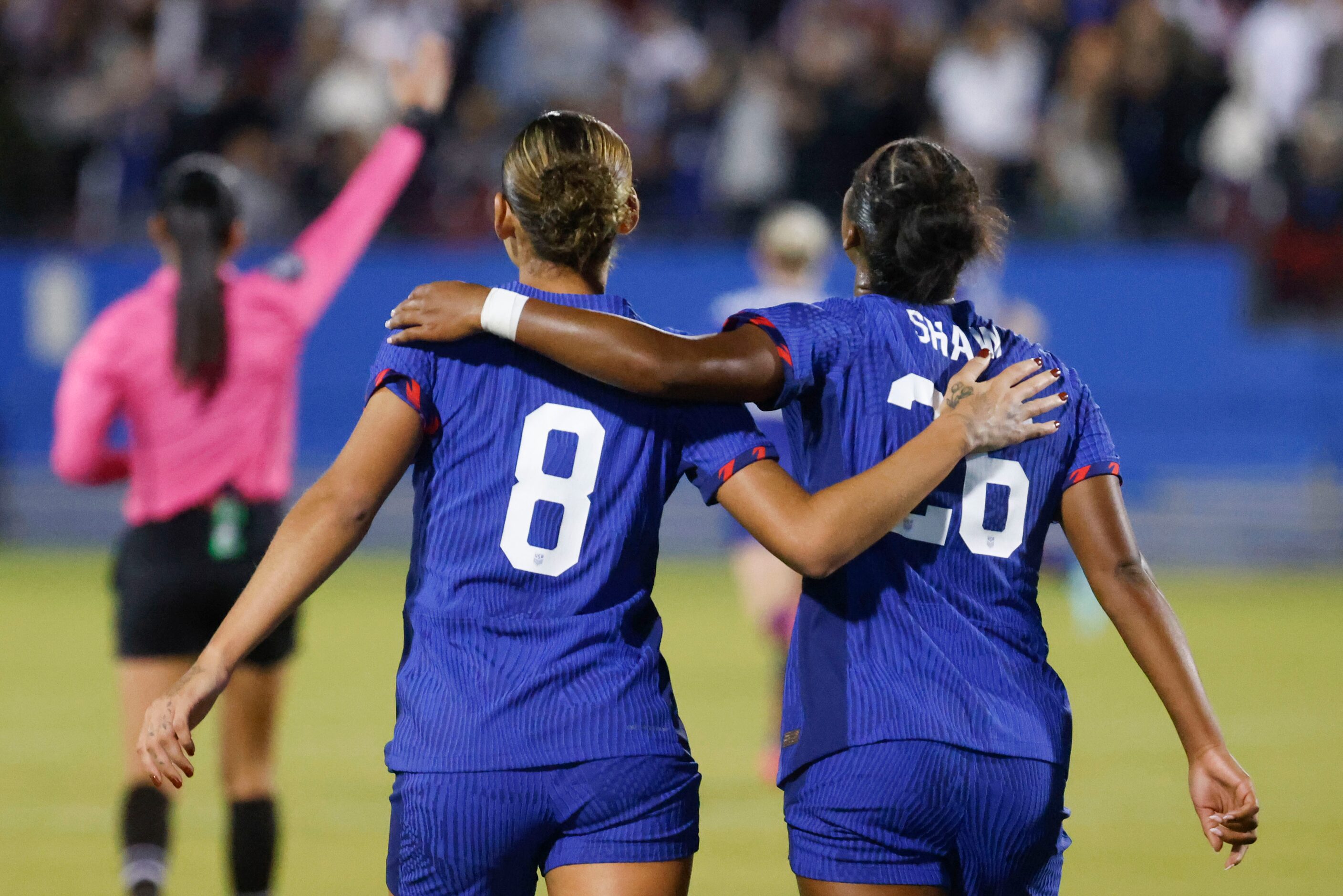 United State’s Trinity Rodman (left) congratulates Jaedyn Shaw for her first international...