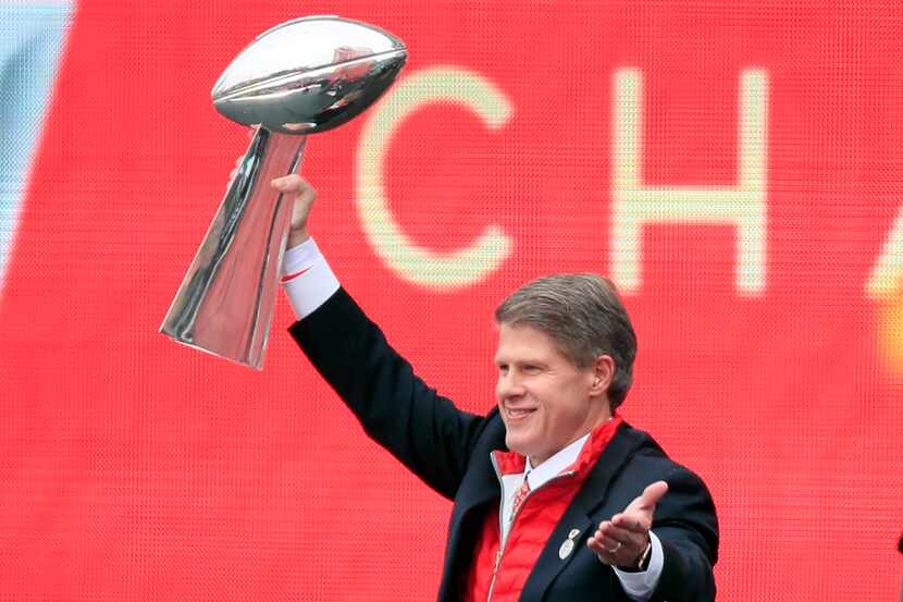 Kansas City Chiefs owner Clark Hunt hoisted a Super Bowl-winning Lombardi Trophy in 2020...