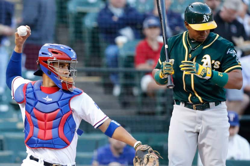 Texas catcher Robinson Chirinos is pictured during the Oakland Athletics vs. the Texas...