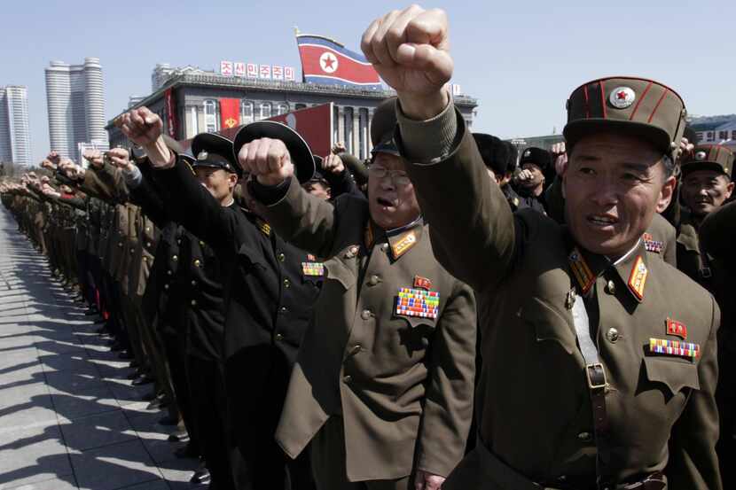North Korean army officers chanted slogans during a rally at Kim Il Sung Square in downtown...