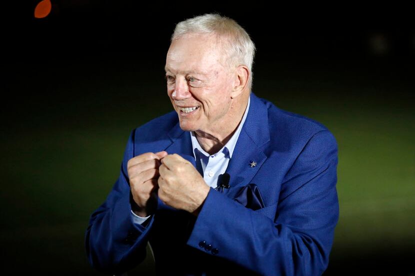 Dallas Cowboys owner Jerry Jones is interviewed by CBS 11's Bill Jones (not pictured) during...