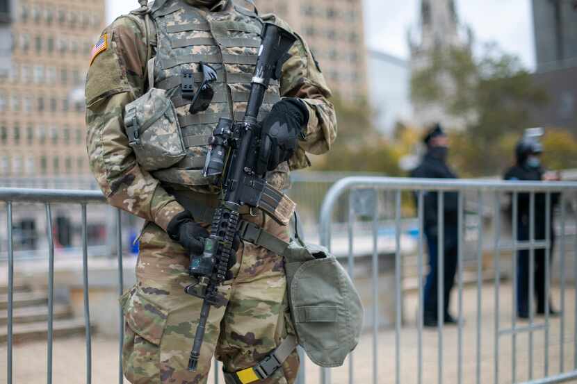 The National Guard monitors activity near Philadelphia City Hall on October 30, 2020 in...