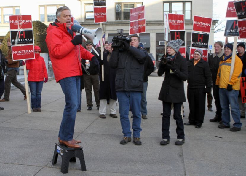 Jon Huntsman substituted a stool for a soapbox as he spoke to supporters Wednesday in...