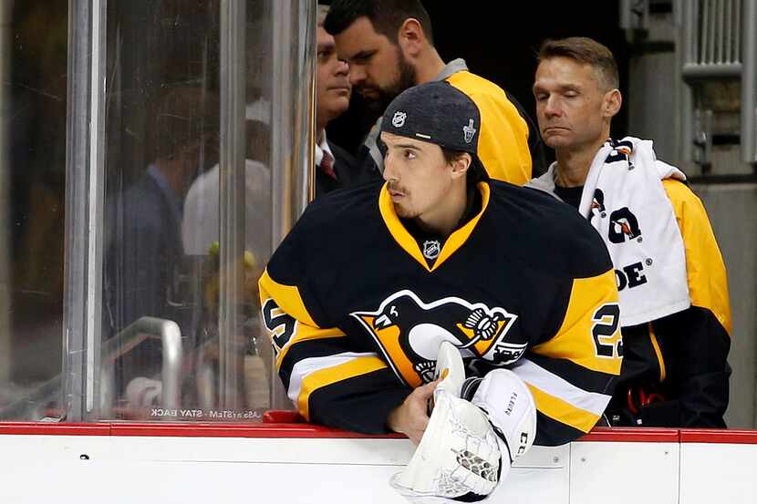 PITTSBURGH, PA - MAY 02:  Marc-Andre Fleury #29 of the Pittsburgh Penguins looks on from the...