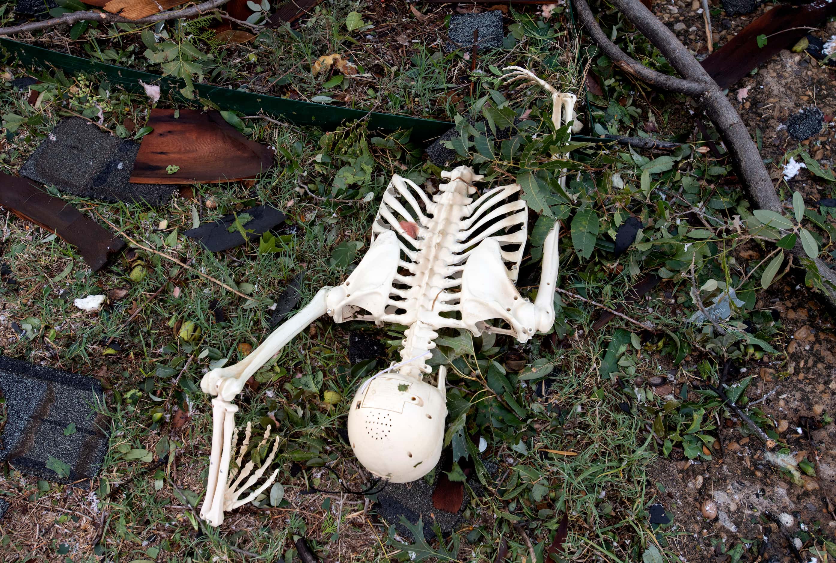 A Halloween decoration fake skeleton lies amid debris in the front yard of Brett and...