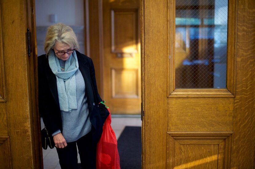 Bill Cosby accuser Victoria Valentino reacts upon arriving at the Montgomery County...