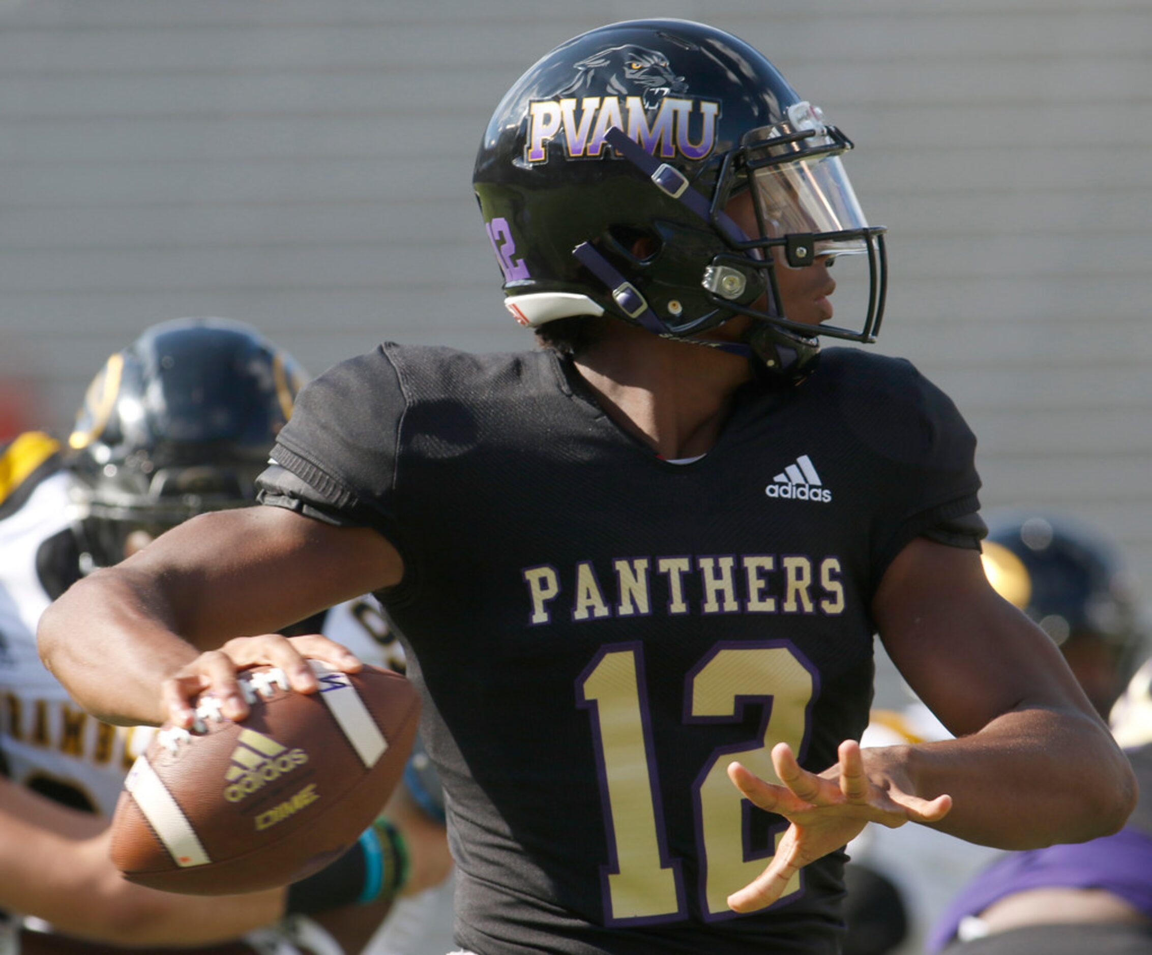 Prairie View quarterback Jalen Morton (12) looks to pass during first half action against...