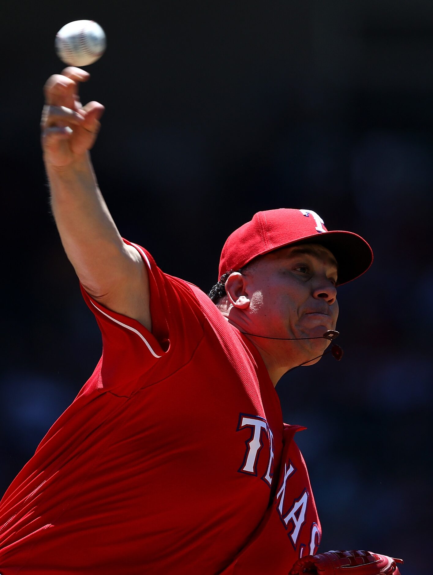 ARLINGTON, TX - MAY 09:  Bartolo Colon #40 of the Texas Rangers throws against the Detroit...