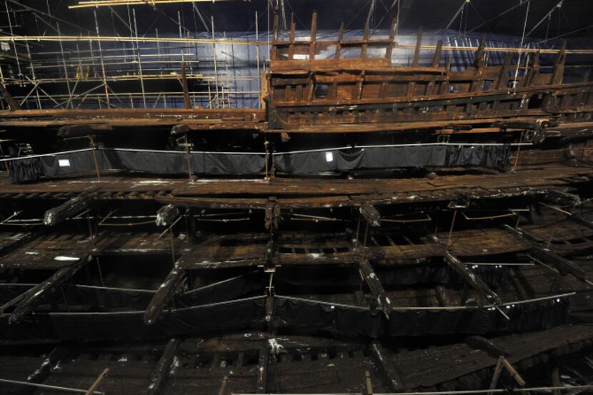 Part of the hull of the Tudor warship Mary Rose is on display at the Mary Rose Museum in...