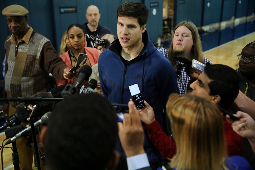 Dallas Mavericks small forward Doug McDermott while speaking to the media following the...