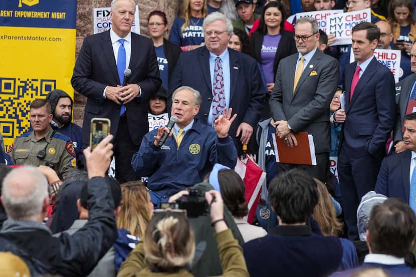 Gov. Greg Abbott speaks on the north steps of the State Capitol to supporters at a Texas...