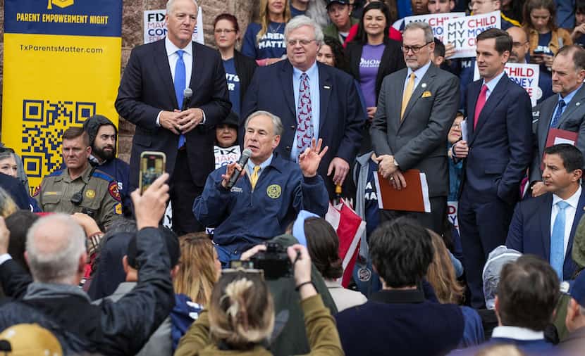 Gov. Greg Abbott spoke at a rally at the Texas Capitol in March 2023 in support of...