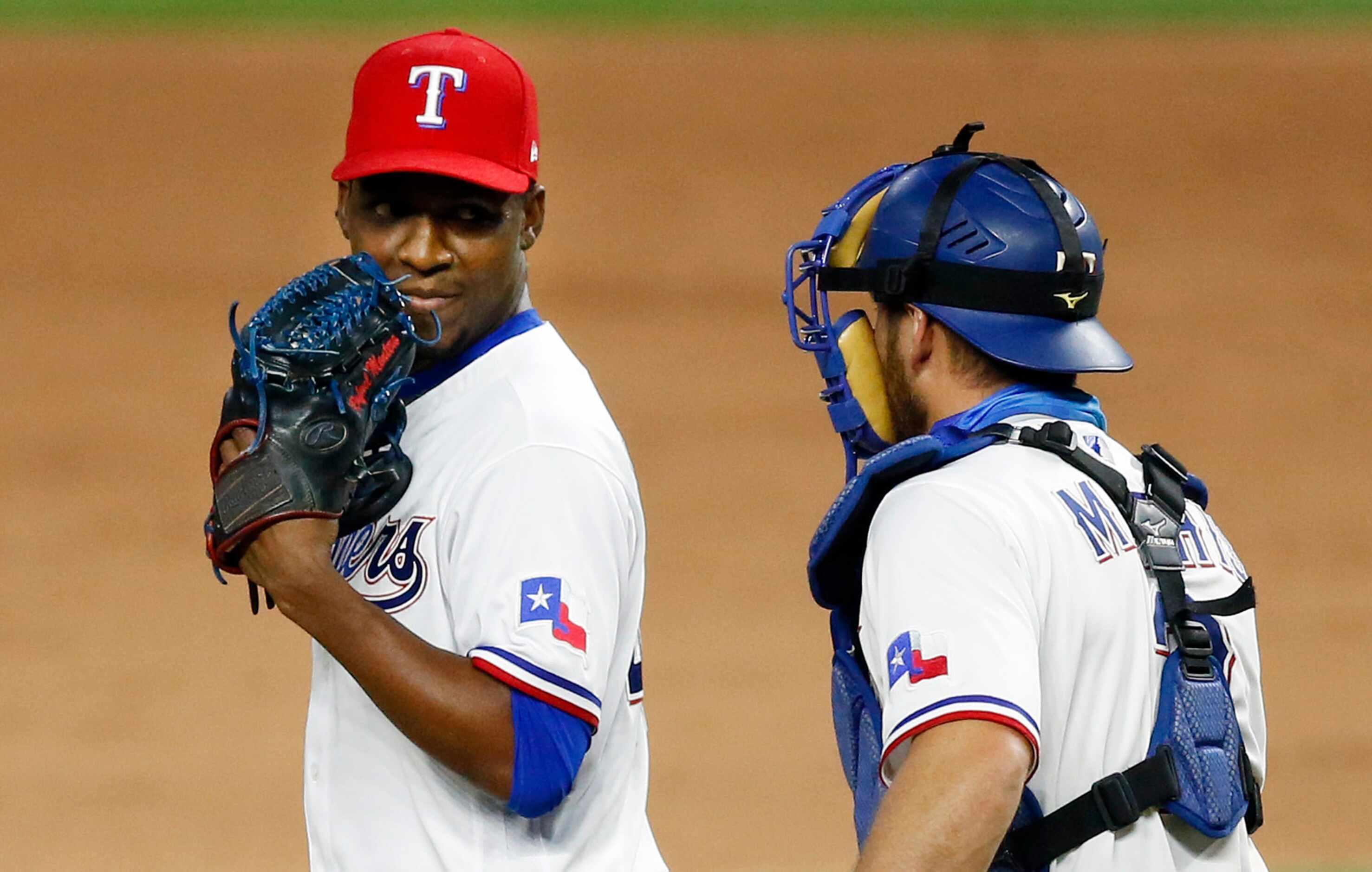 Texas Rangers relief pitcher Rafael Montero (48) throws in the ninth inning against the...