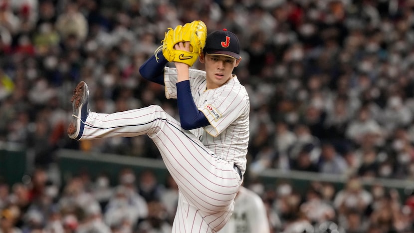 Roki Sasaki of Japan pitches during their Pool B game against the Czech Republic at the...