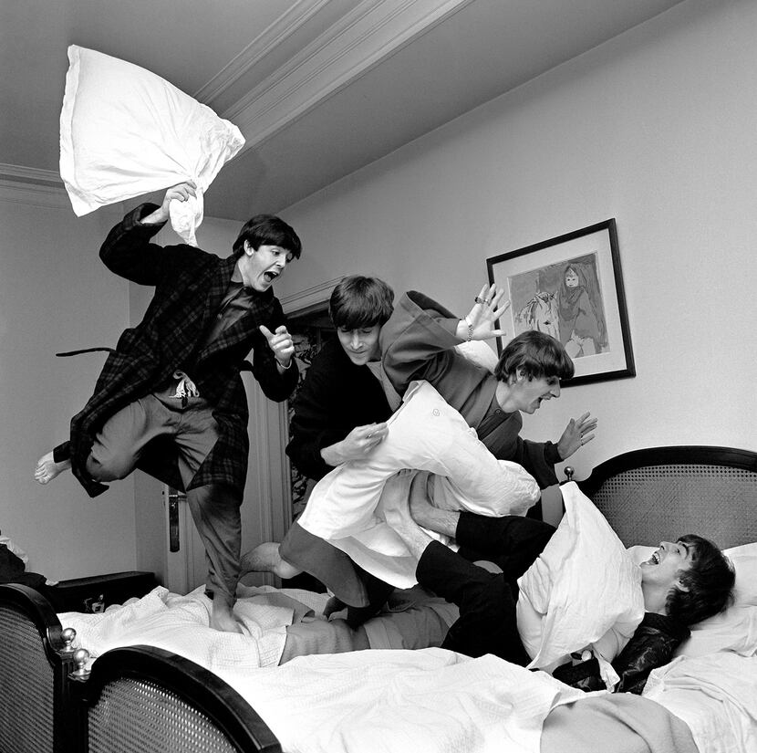 Beatles Pillow Fight at the Hotel George V in Paris in 1964 by photojournalist Harry Benson.