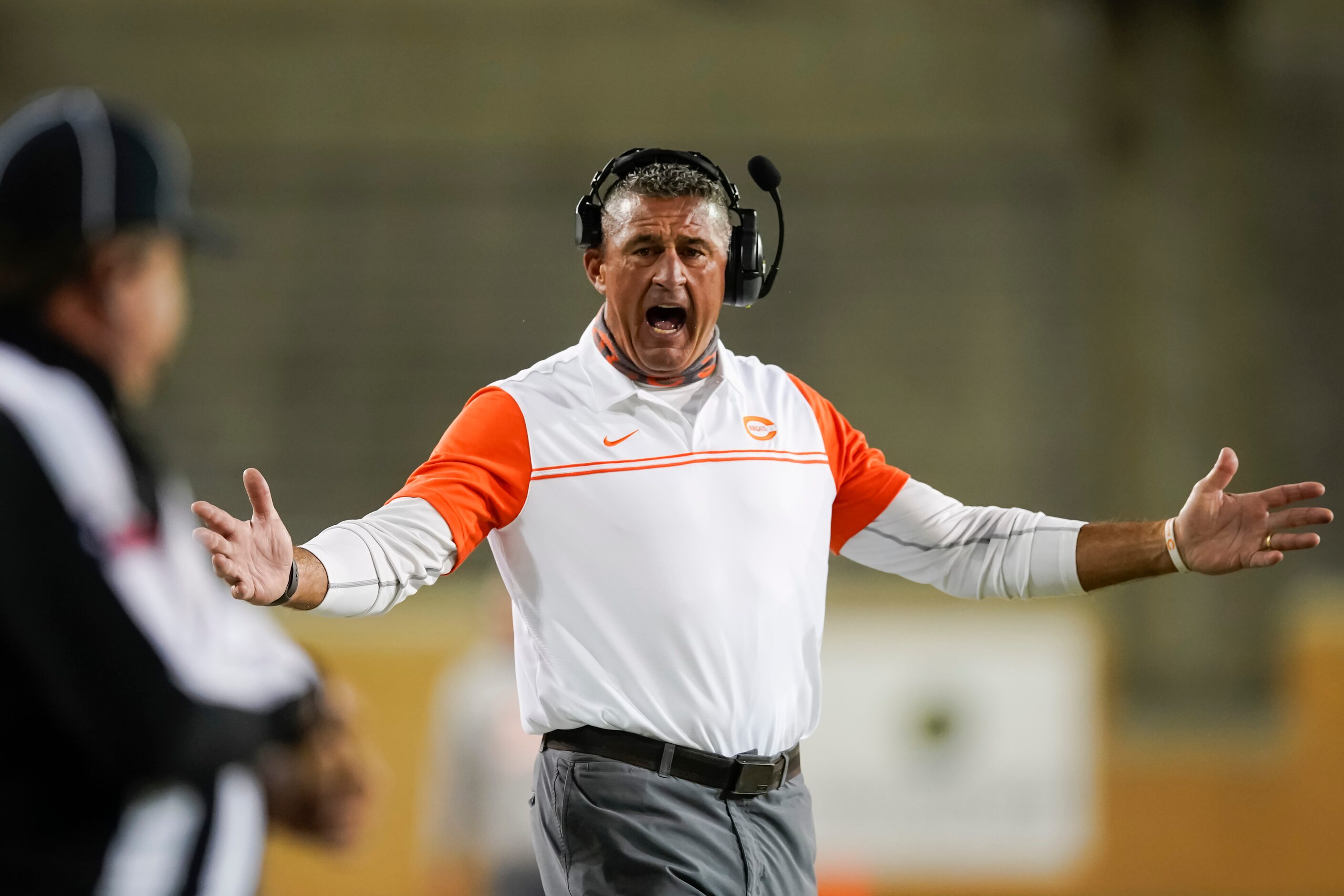 Celina head coach Bill Elliott argues for a call during the second quarter of a Class 4A...