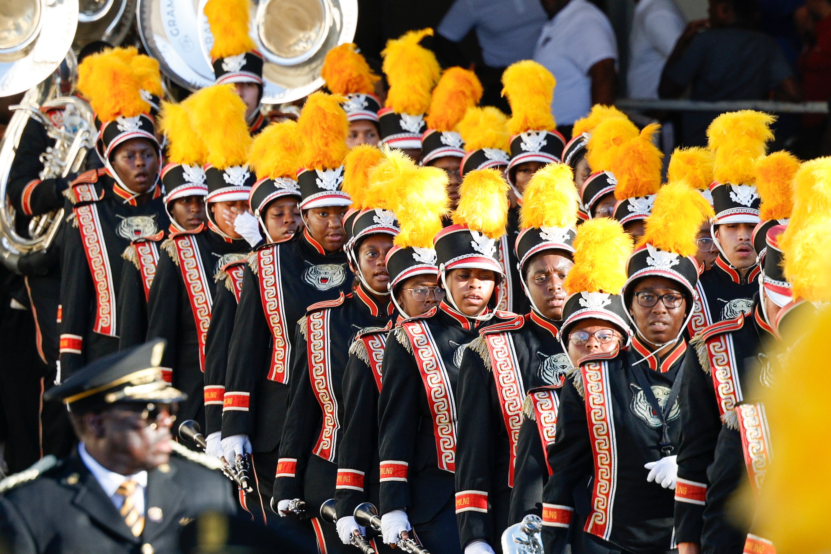 The Grambling State marching band enters the Cotton Bowl before the State Fair Classic...