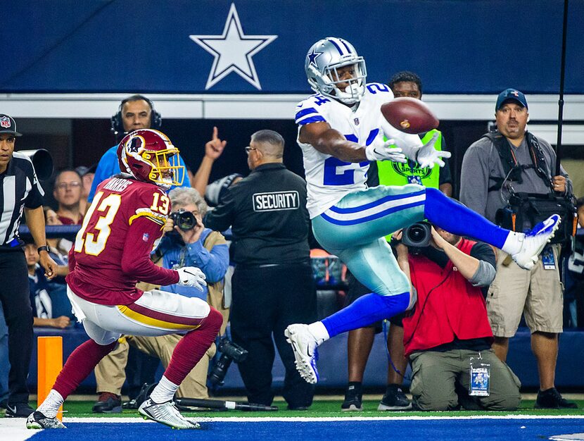 Cowboys cornerback Chidobe Awuzie (24) nearly intercepts a pass intended for Washington...