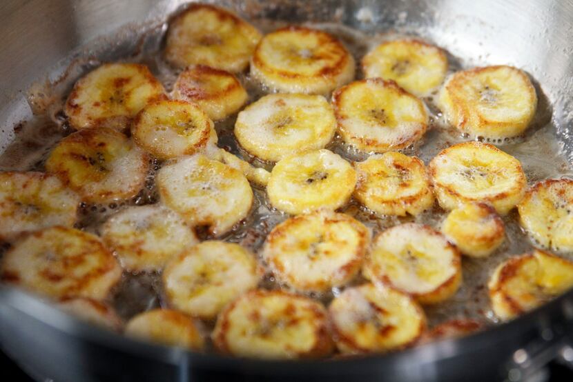 Sliced plantains cooking in Miyoko's Cultured Vegan Butter  