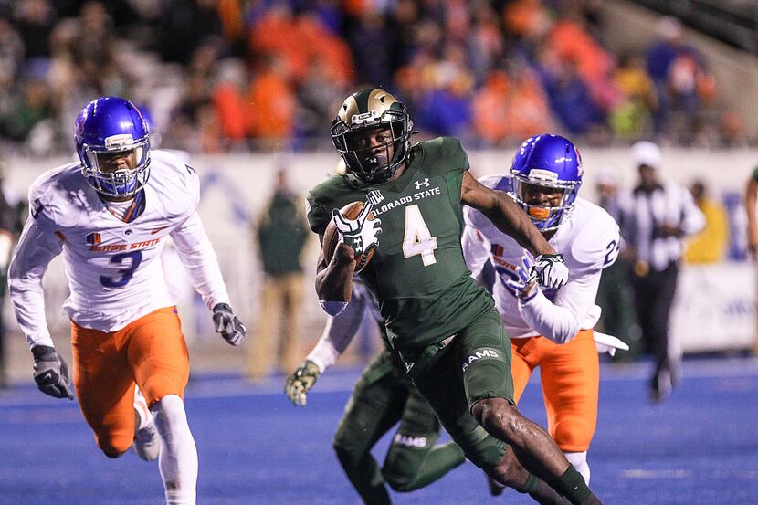 BOISE, ID - OCTOBER 15: Wide receiver Michael Gallup #4 of the Colorado State Rams breaks...