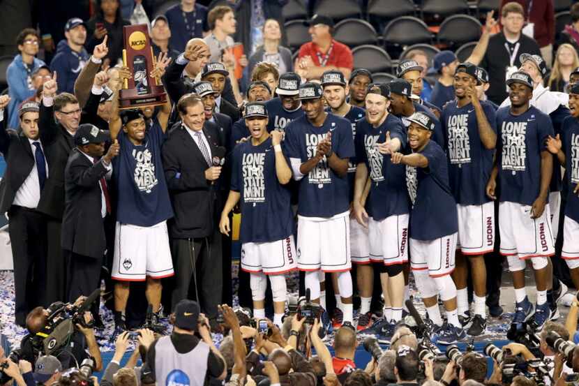 Connecticut Huskies celebrate after winning the NCAA Men's Basketball Championship game...