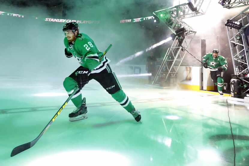 Dallas Stars defenseman Stephen Johns (28) takes the ice for Game 1 against the Minnesota...