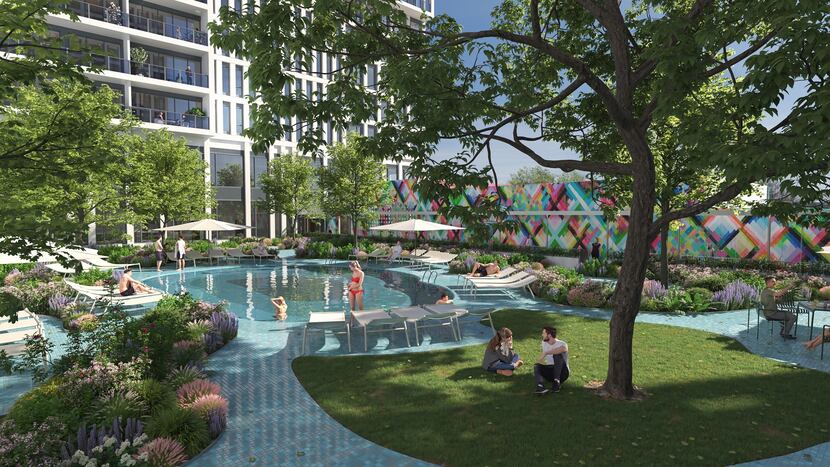 The apartment tower will include a landscaped pool area.