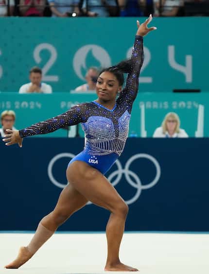Simone Biles of the United States competes on the floor during the women’s gymnastics...