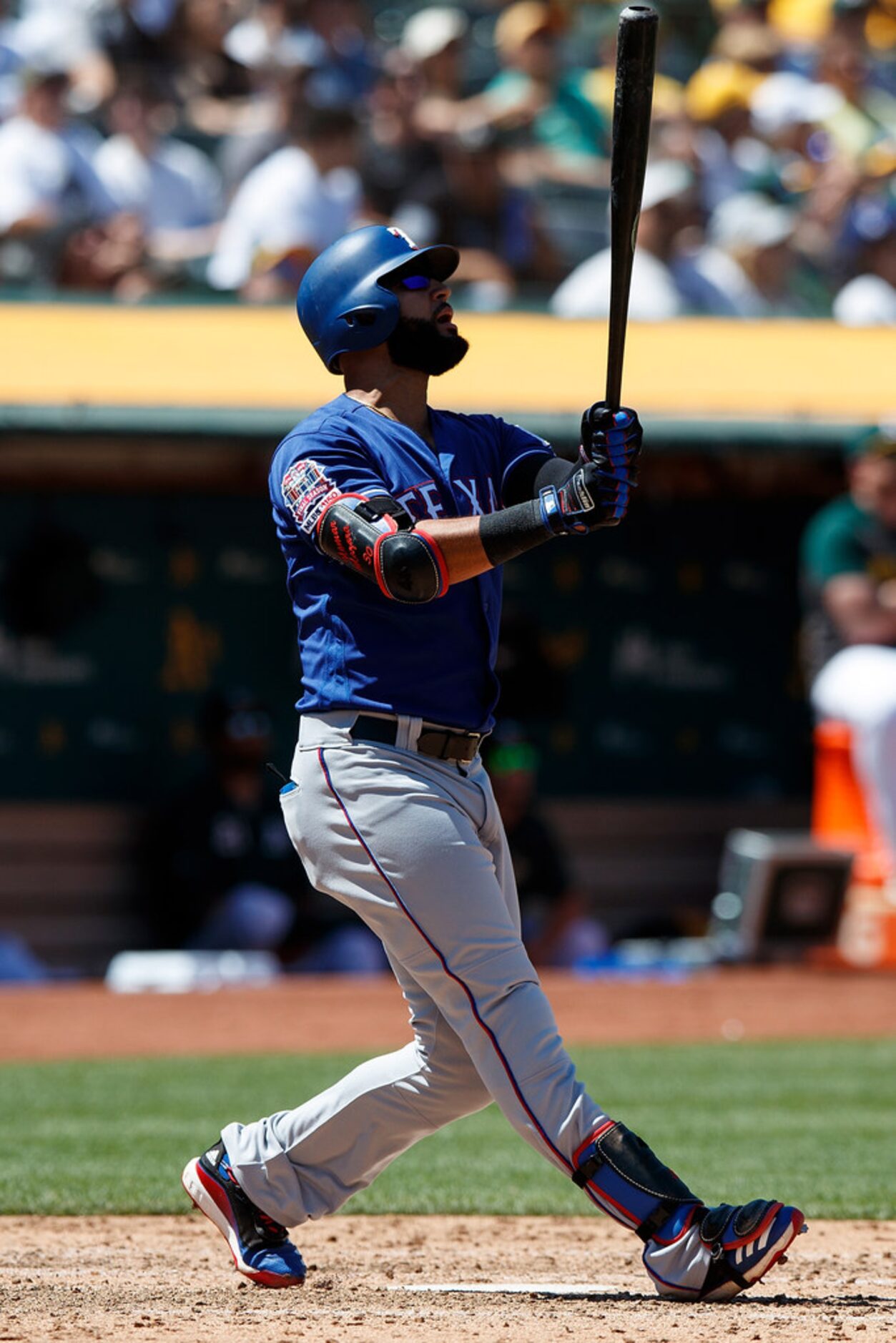 OAKLAND, CA - JULY 28:  Nomar Mazara #30 of the Texas Rangers hits a home run against the...