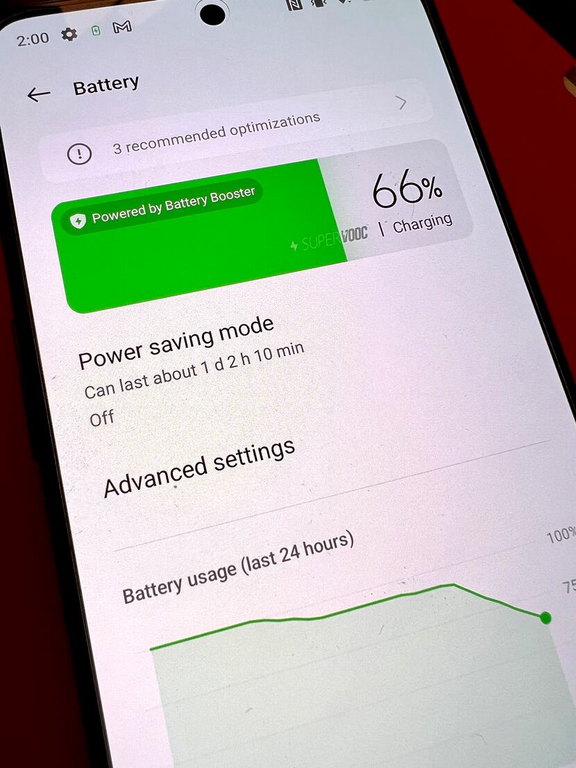 The battery settings page, including detailed information on charge status, on the OnePlus...