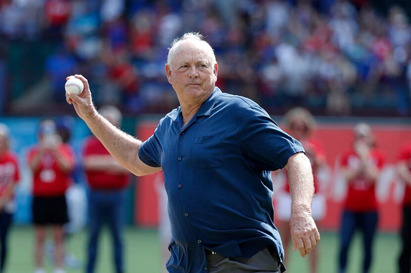 Watch: Nolan Ryan throws out Globe Life Park's final first pitch to Kenny  Rogers
