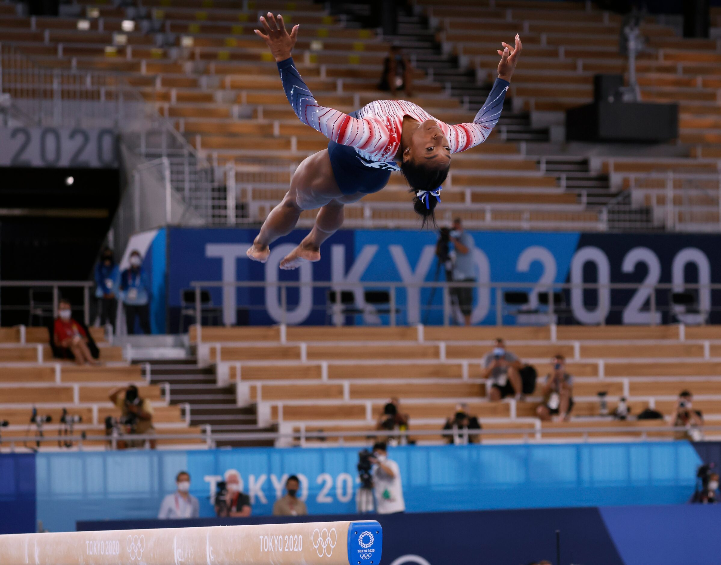 USA’s Simone Biles competes in the women’s balance beam final at the postponed 2020 Tokyo...