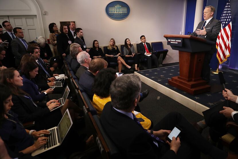 WASHINGTON, DC - MARCH 27:  White House Press Secretary Sean Spicer takes reporters'...