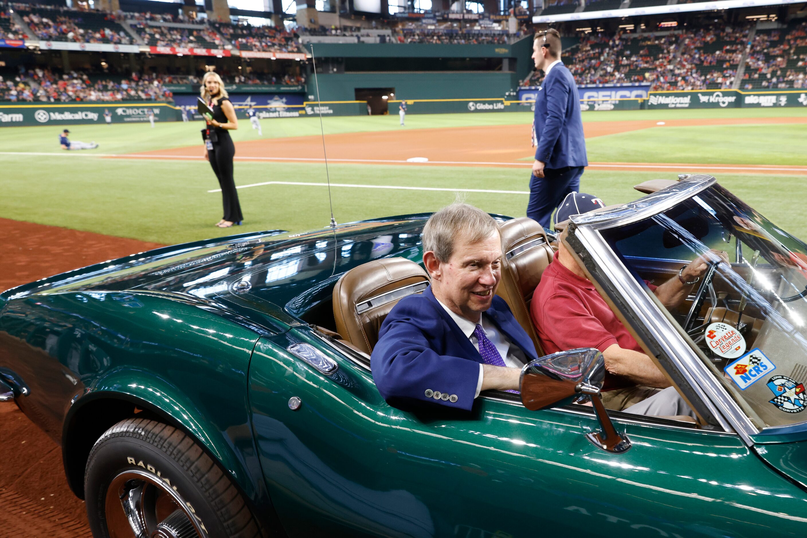 Texas Rangers media VP John Blake exits the induction ceremony at Globe Life Field in...