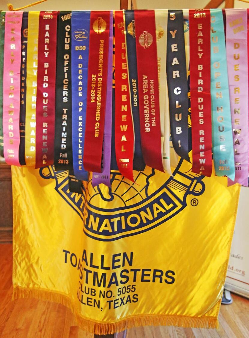 
Toastmaster ribbons are on display during the Allen Toastmasters weekly meeting. 
